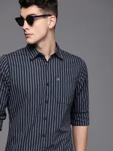 WROGN Men Navy Blue & White Slim Fit Striped Casual Shirt