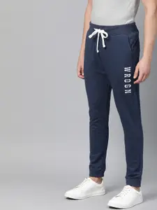 WROGN Men Navy Blue Solid Straight Fit Joggers With Printed Detailing
