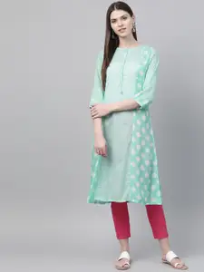 Rangriti Women Sea Green & White Printed Semi-Sheer A-Line Kurta