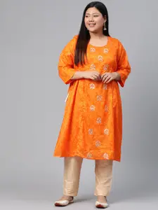 Rangriti Women Orange & Off-White Bandhani Print A-Line Kurta
