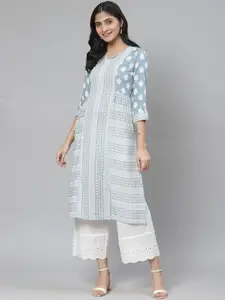Rangriti Women Blue & Off-White Printed Straight Kurta