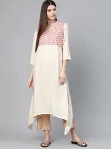 Rangriti Women Cream-Coloured & Red Yoke Design A-Line Asymmetric Kurta