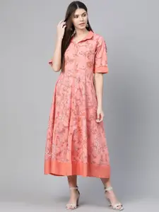 Rangriti Women Peach-Coloured Printed A-Line Dress