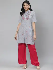 Rangriti Women Off-White & Blue Striped Straight High-Low Hem Kurta