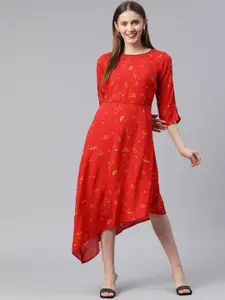 Rangriti Women Floral Print Asymmetric Flared Midi Dress