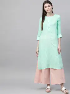 Rangriti Women Sea Green & White Striped Straight Kurta