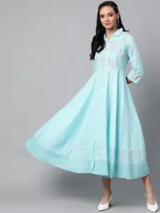 Rangriti Women Blue & Pink Floral Print Midi A-Line Dress