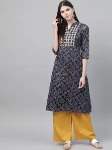 Rangriti Women Navy Blue & White Bandhani Print A-Line Kurta