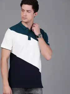 WROGN Men Teal Blue  White Slim Fit Colourblocked Polo Collar Pure Cotton T-shirt