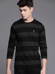 WROGN Men Black  Grey Striped Slim Fit Cotton Pure Cotton T-shirt