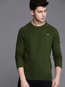 WROGN Men Olive Green Solid Slim Fit Round Neck Pure Cotton T-shirt