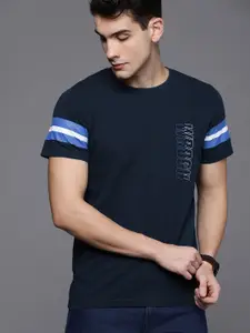 WROGN Men Navy Blue Solid Slim Fit Round Neck Pure Cotton T-shirt With Printed Detail