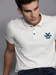 WROGN Men White  Blue Printed Slim Fit Polo Collar Pure Cotton T-shirt