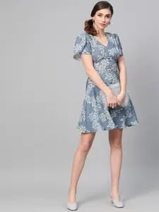 SASSAFRAS Blue & Off-White Floral Print Empire Dress
