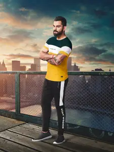WROGN Men Mustard Yellow  Green Colourblocked Slim Fit Round Neck Pure Cotton T-shirt