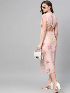 SASSAFRAS Peach-Coloured & Pink Floral Printed A-Line Dress