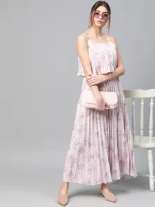 SASSAFRAS Beige & Lavender Floral Printed Accordian Pleat Maxi Dress