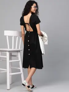 SASSAFRAS Women Black Solid A-Line Styled Back Dress