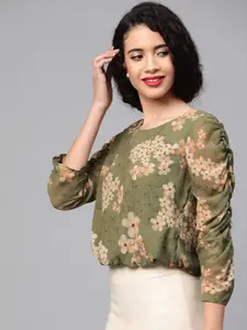 SASSAFRAS Olive Green & Beige Floral Georgette Blouson Top