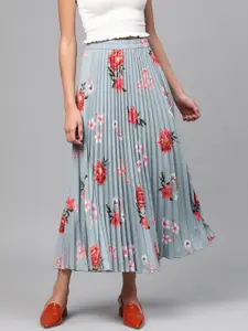 SASSAFRAS Grey & Red Accordion Pleated Printed A-Line Skirt