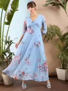SASSAFRAS Blue & Peach-Coloured Floral Printed Maxi Dress