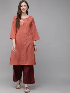 MIMOSA Women Rust Brown Solid Straight Kurta With Embroidered Detail