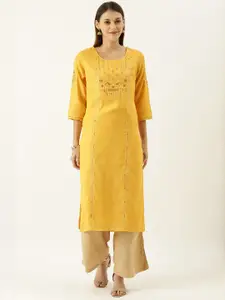 House of Pataudi Women Mustard Yellow Solid Straight Kurta With Embroidered Yoke Design