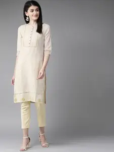 W Women Off-White & Mustard Yellow Embroidered Straight Kurta