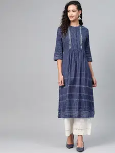 W Women Navy Blue Striped A-Line Kurta