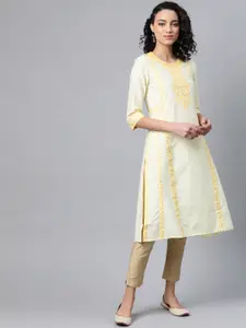 W Women Cream-Coloured & Yellow Embroidered Straight Kurta