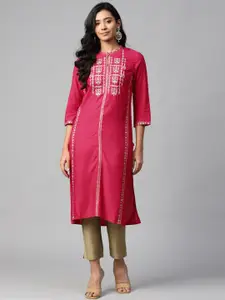 W Women Coral Pink Sustainable Embroidered Straight Kurta