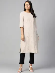 W Women Off-White & Golden Dandelion Embroidery Straight Kurta