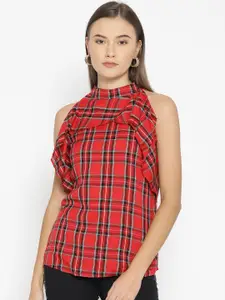 One Femme Women Red & Black Checked Pure Cotton Top