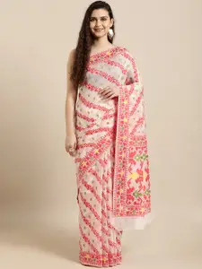 VASTRANAND White & Red Silk Cotton Woven Design Jamdani Saree