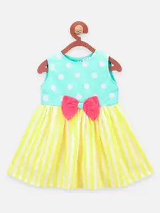LilPicks Girls Yellow & Blue Polka Dots Printed Fit and Flare Dress