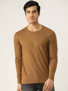 CHKOKKO Men Mustard Brown Solid Round Neck T-shirt