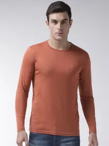 Chkokko Men Rust Orange Solid Round Neck T-shirt