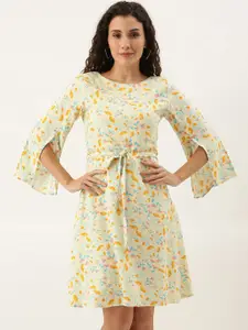 AND Women Yellow & Orange Printed A-Line Dress with Smocked Detail