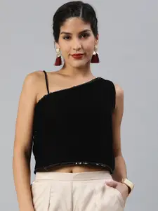 Inddus Women Black Solid Velvet Crop Top With Sequinned Detail