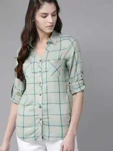 Roadster Women Green & Teal Blue Regular Fit Checked Casual Shirt