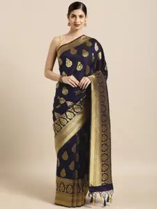 Mitera Navy Blue & Gold-Toned Art Silk Woven Design Kanjeevaram Saree