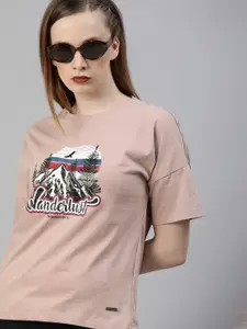 Roadster Women Pink Printed Round Neck Pure Cotton T-shirt