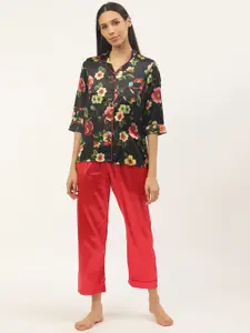 Sweet Dreams Women Black & Red Floral Print Night Suit with Satin Finish