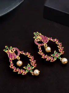 Voylla Gold-Toned & Pink Brass-Plated CZ Studded Classic Hoop Earrings