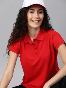 HERE&NOW Women Red Solid Polo Collar T-shirt
