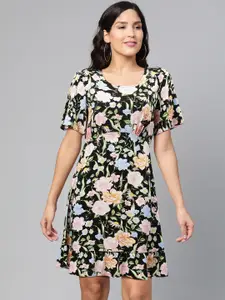 DOROTHY PERKINS Women Black & Pink Floral Print A-Line Dress