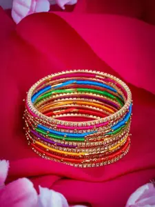 AccessHer Multicoloured Set of 13 Brass-Plated Silk Thread Bangles