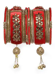 AccessHer Set of 18 Red & Gold-Toned Brass Plated Velvet Enamelled Handcrafted Bangles