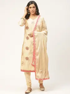 Shaily Beige & Golden Geometric Embroidery Unstitched Dress Material with Gotta Work