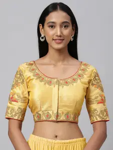 Amrutam Fab Women Yellow & Golden Embroidered Silk Saree Blouse